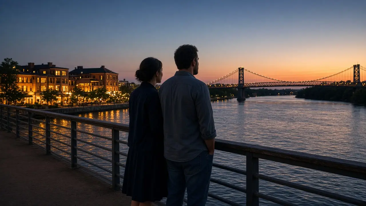 A dressed couple on a pedestrian bridge at dusk, a wide river and a steel suspension span.