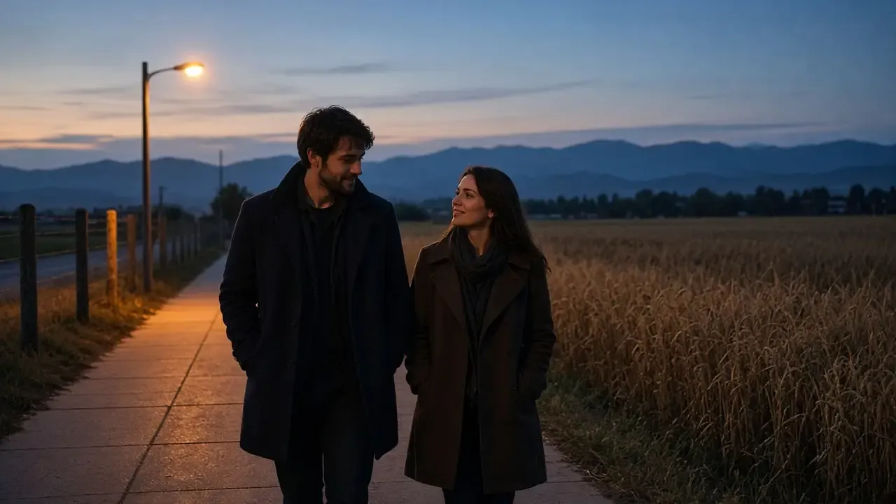 A dressed couple in jackets on a valley sidewalk at dusk, low blue mountains, no signs.