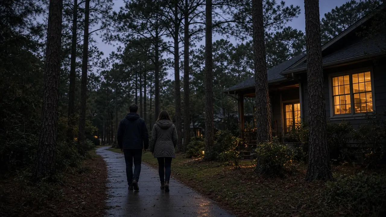 A dressed couple in jackets on a pine sidewalk at dusk, no signs.