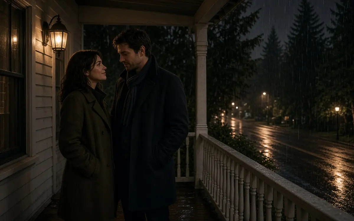 A dressed couple on a porch at night, evergreens and a wet street.