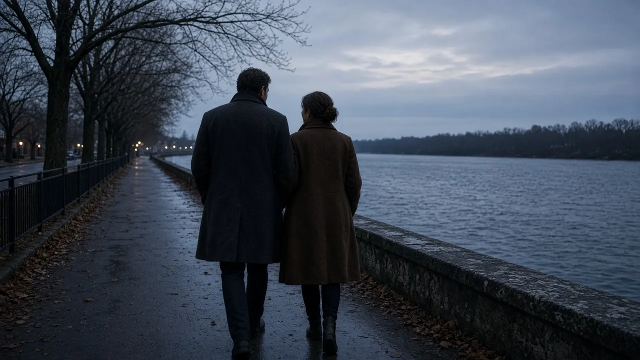 A dressed couple in heavy coats on a north-country sidewalk at dusk, bare trees and a dark river, no signs.