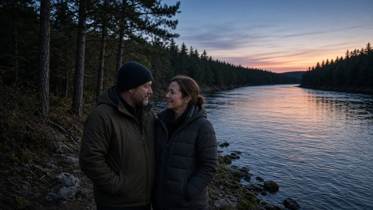 A dressed couple in jackets beside a northern river at dusk, no signs.