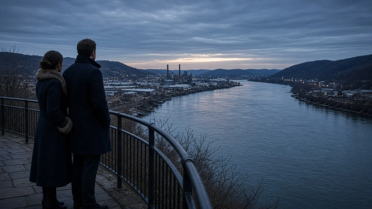 A dressed couple in dark coats on a bluff sidewalk at dusk, a wide river bend below, no signs.