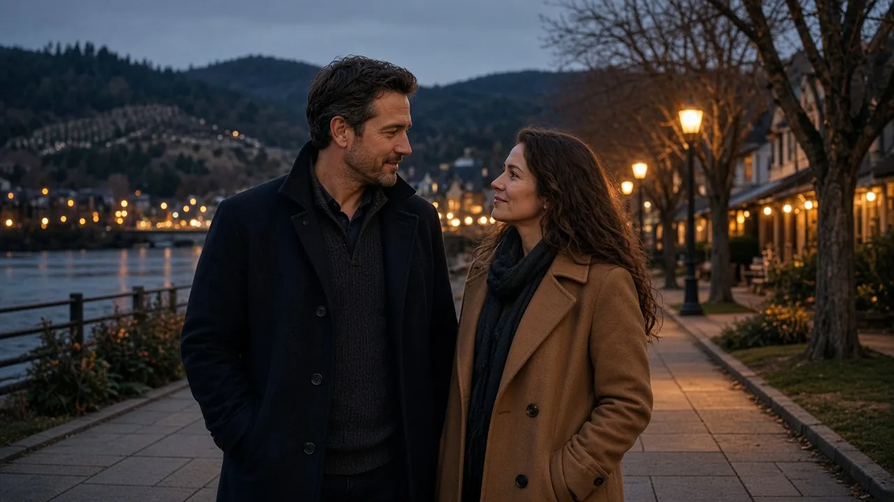 A dressed couple in jackets on a river-town sidewalk at dusk, orchard hills behind, no signs.