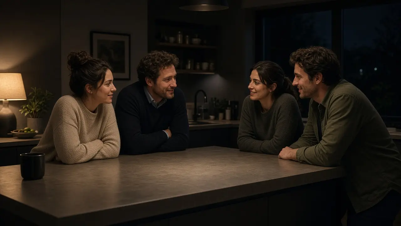 Two dressed couples at a kitchen counter at night, talking under a warm lamp.