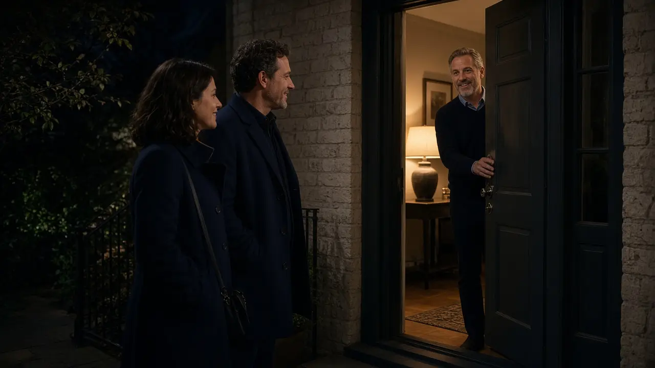 A dressed couple at a front door at night, the host in the doorway and a warm lamp.