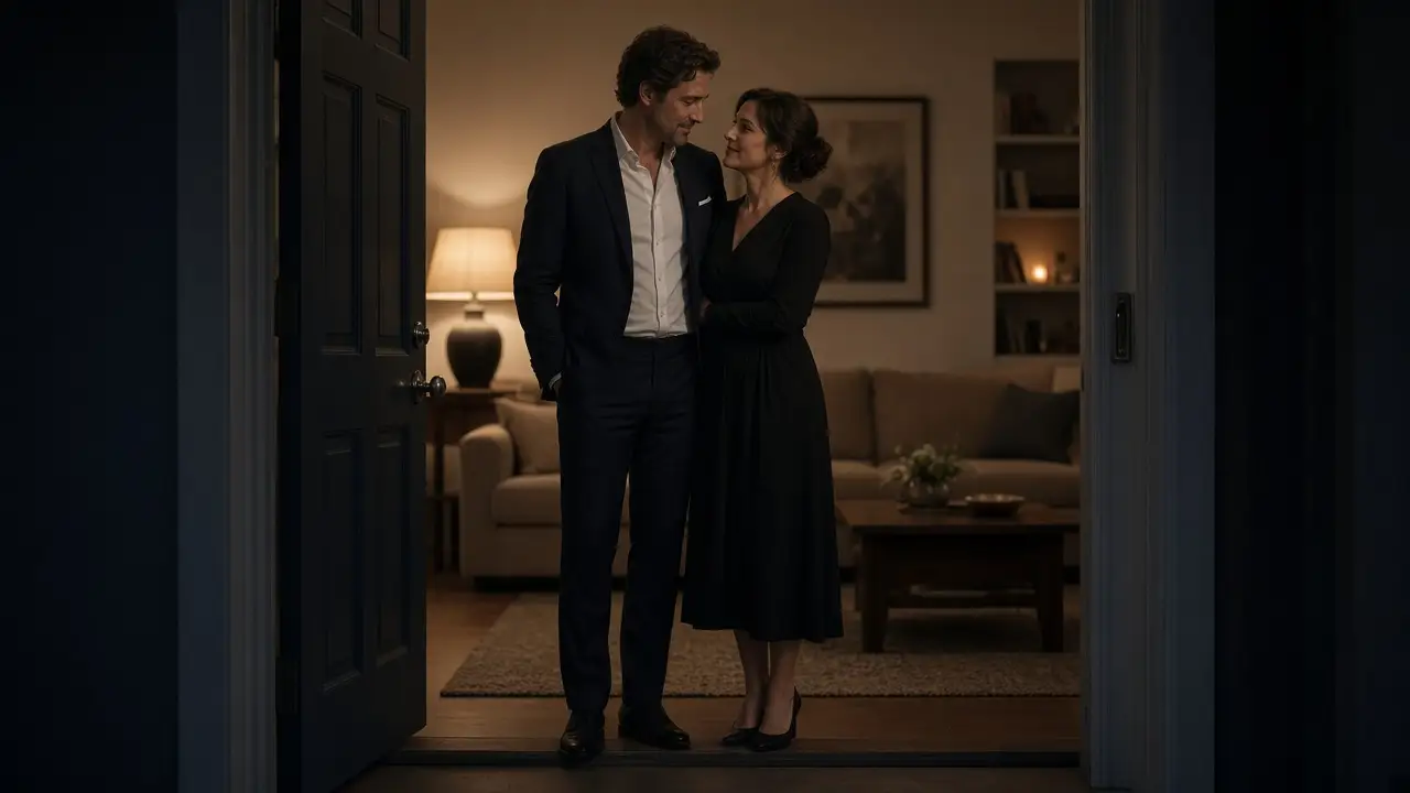 A dressed couple in a doorway at night, a warm lamp in the room.
