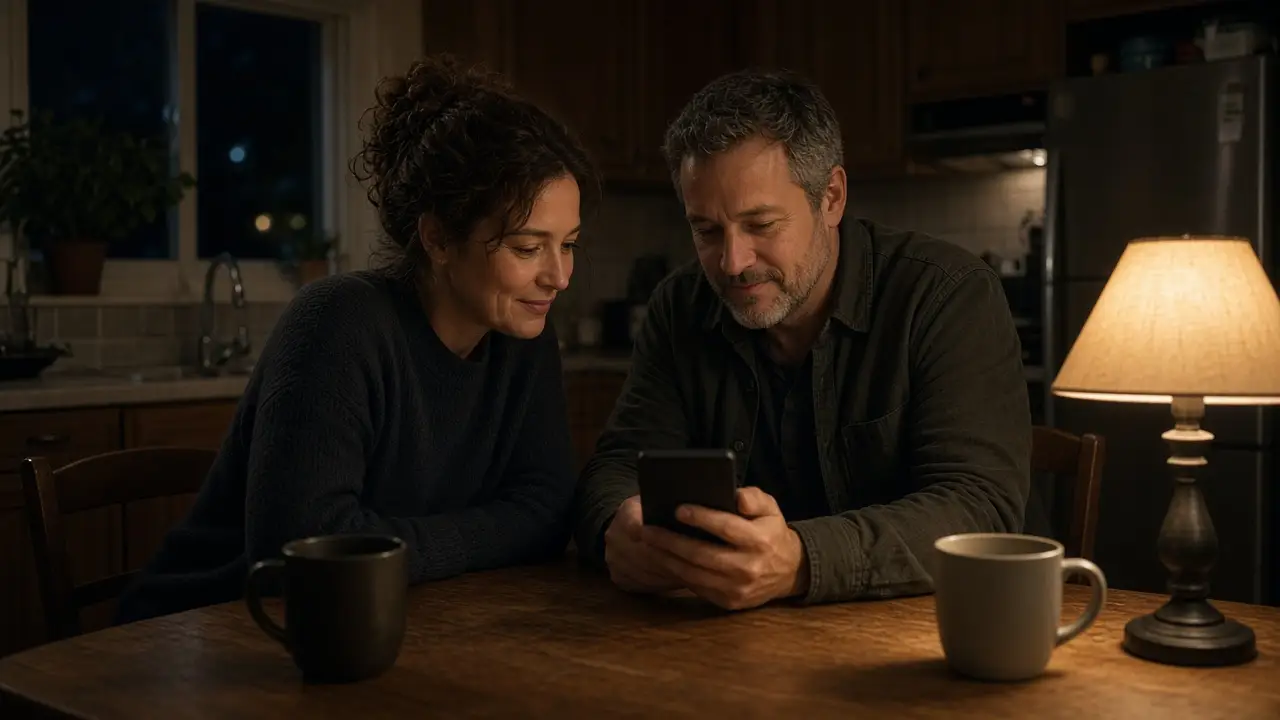 A dressed couple at a kitchen table at night, a dark phone between two cups.