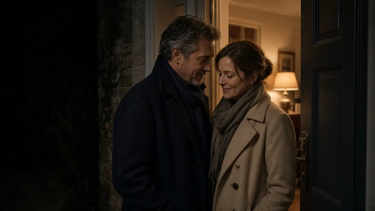 A dressed couple by a front door at night, coats on, a warm lamp inside.