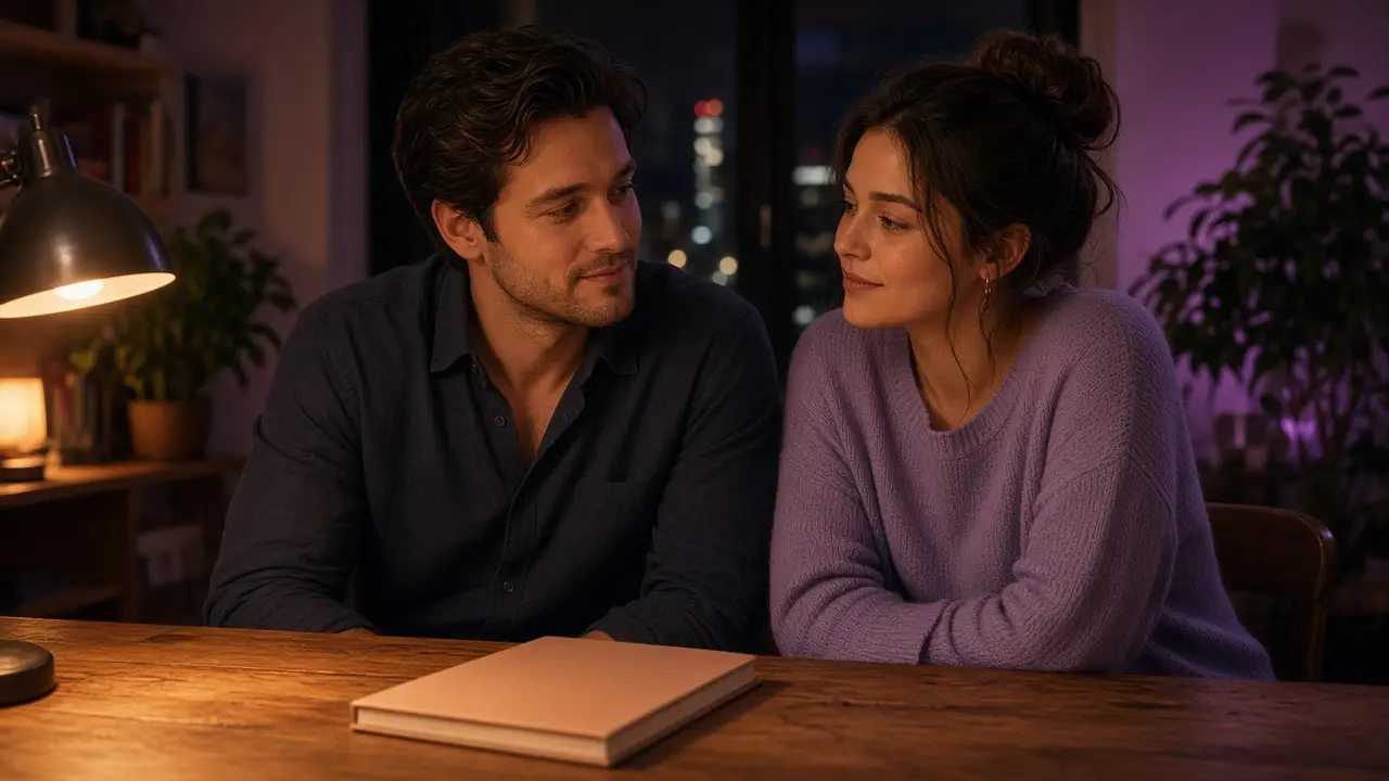 A dressed couple at a wooden desk at night, a closed notebook and a warm lamp.