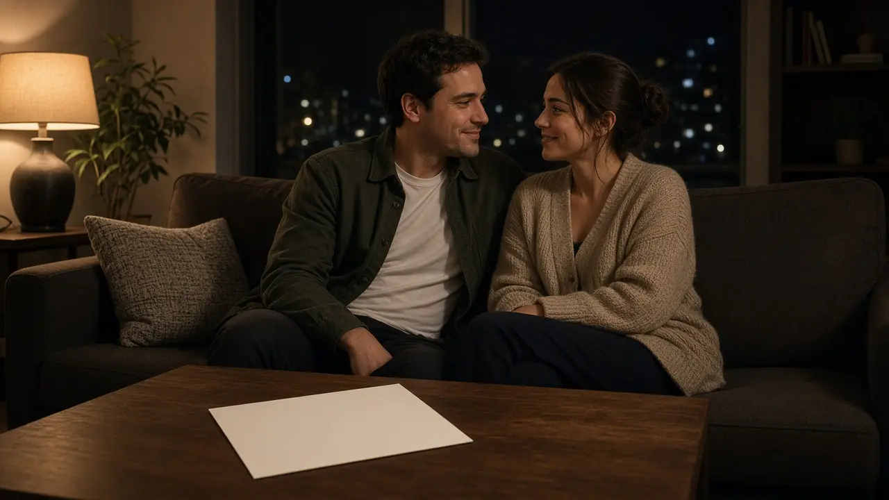 A dressed couple on a sofa at night, a plain card face down and a warm lamp.