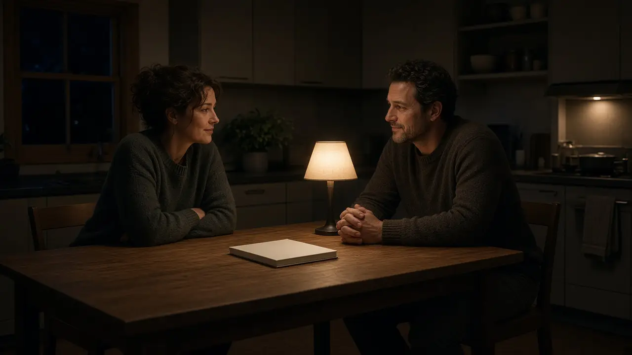 A dressed couple at a kitchen table at night, a closed notebook and a warm lamp.