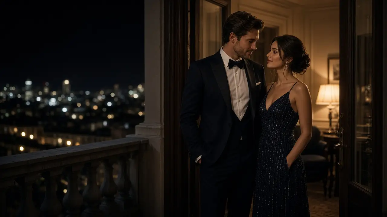 A dressed couple in a doorway at night, a warm lamp behind them and city lights outside.