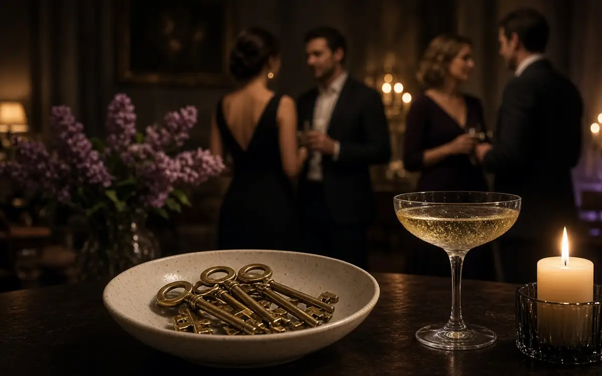 A bowl of brass keys and a champagne glass, with couples talking behind them.