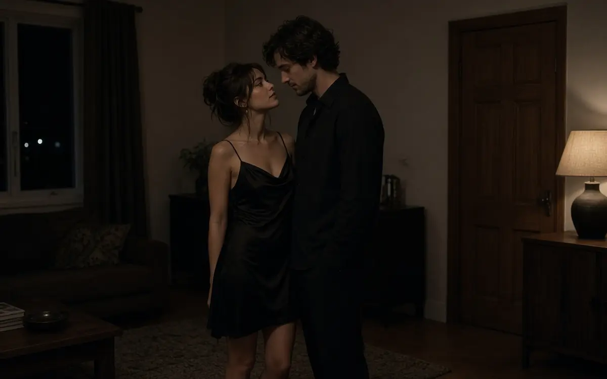 A dressed couple in a living room at night, a lamp and a closed door behind them.