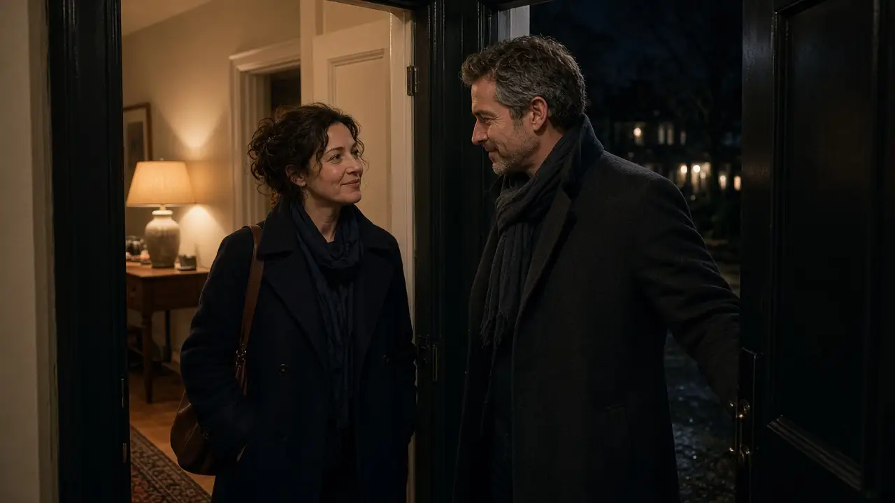 A dressed couple at a front door at night, coats on, a warm lamp inside.