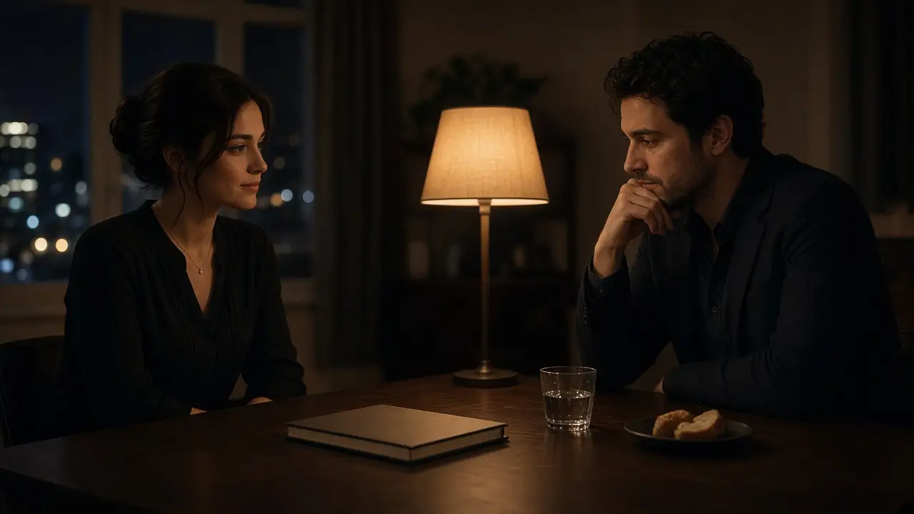 A dressed couple at a wooden table at night, a closed notebook and a warm lamp.