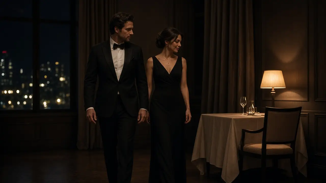 A dressed couple walking toward an empty table at night, a warm lamp on the table.