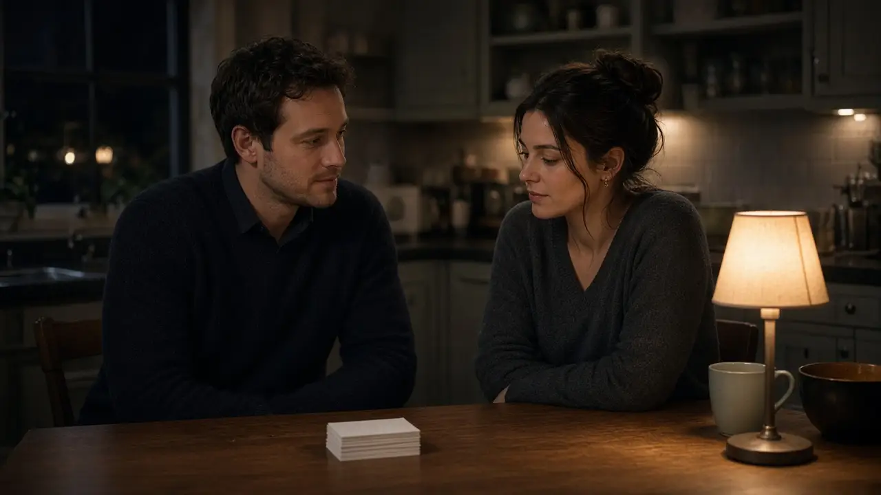 A dressed couple at a wooden table at night, blank cards and a warm lamp.