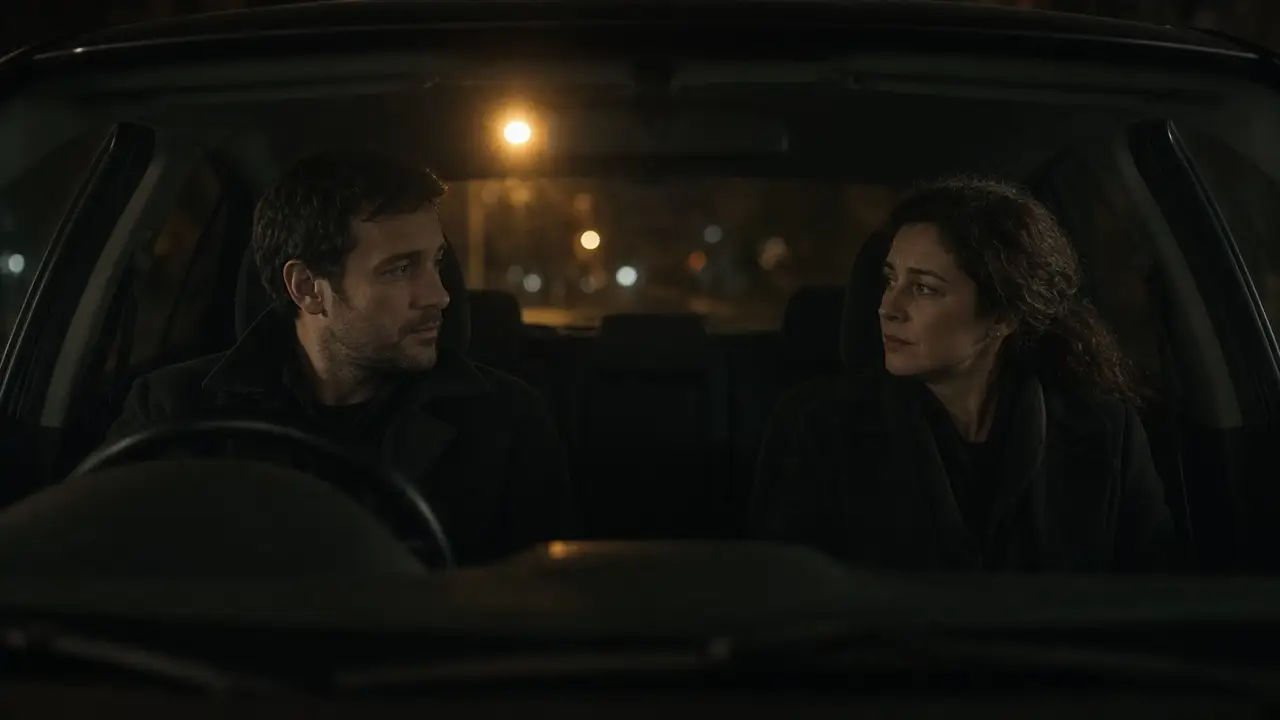 A dressed couple in a parked car at night, talking, a streetlight through the glass.