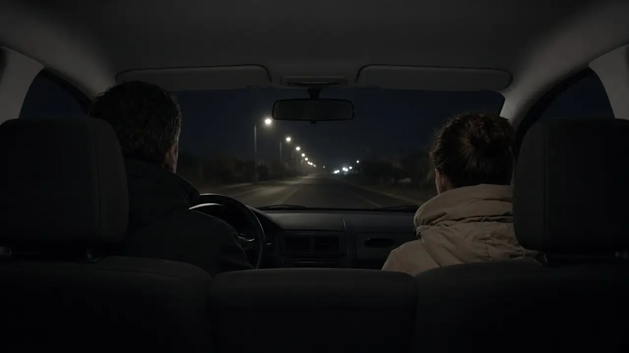 A dressed couple in a car at night, a dark road and streetlights ahead.