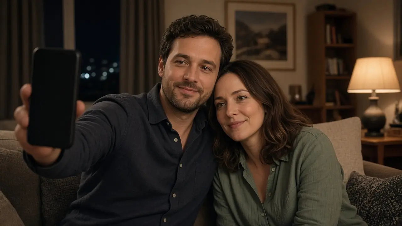 A dressed couple in a living room at night, one phone with a dark screen, a warm lamp.