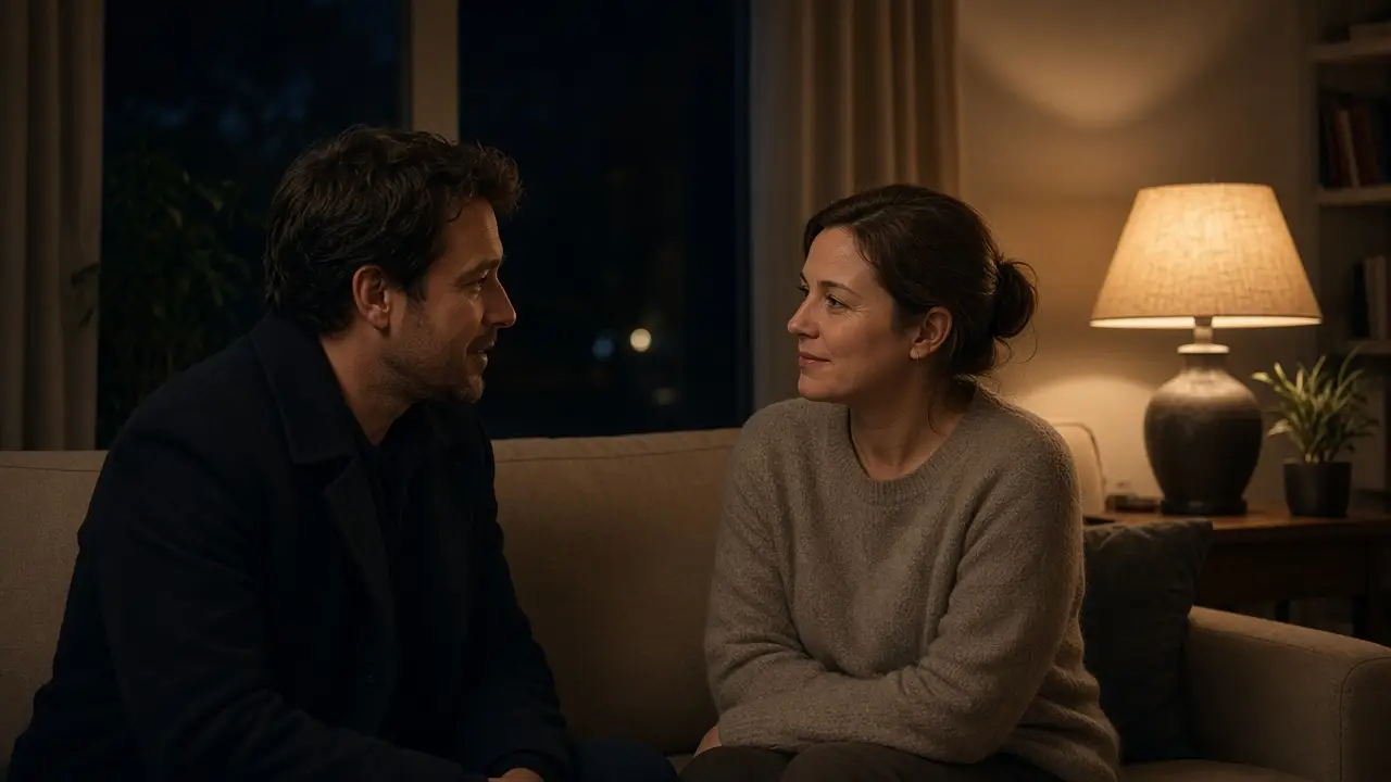 A dressed couple on a sofa at night, one coat still on, talking under a warm lamp.