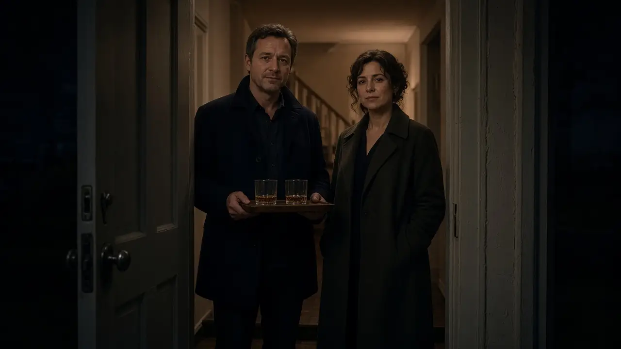 A dressed couple in a home doorway at night, one holding a small tray.