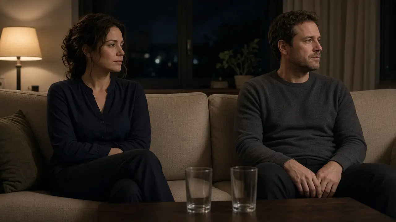 A dressed couple on a sofa at night, two empty glasses and a warm lamp.