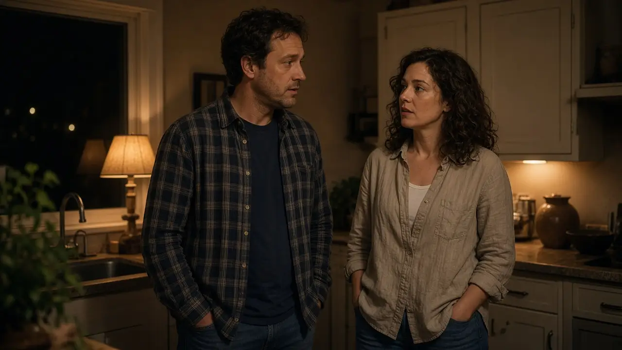 A dressed couple in a kitchen at night, paused mid conversation, a warm lamp.
