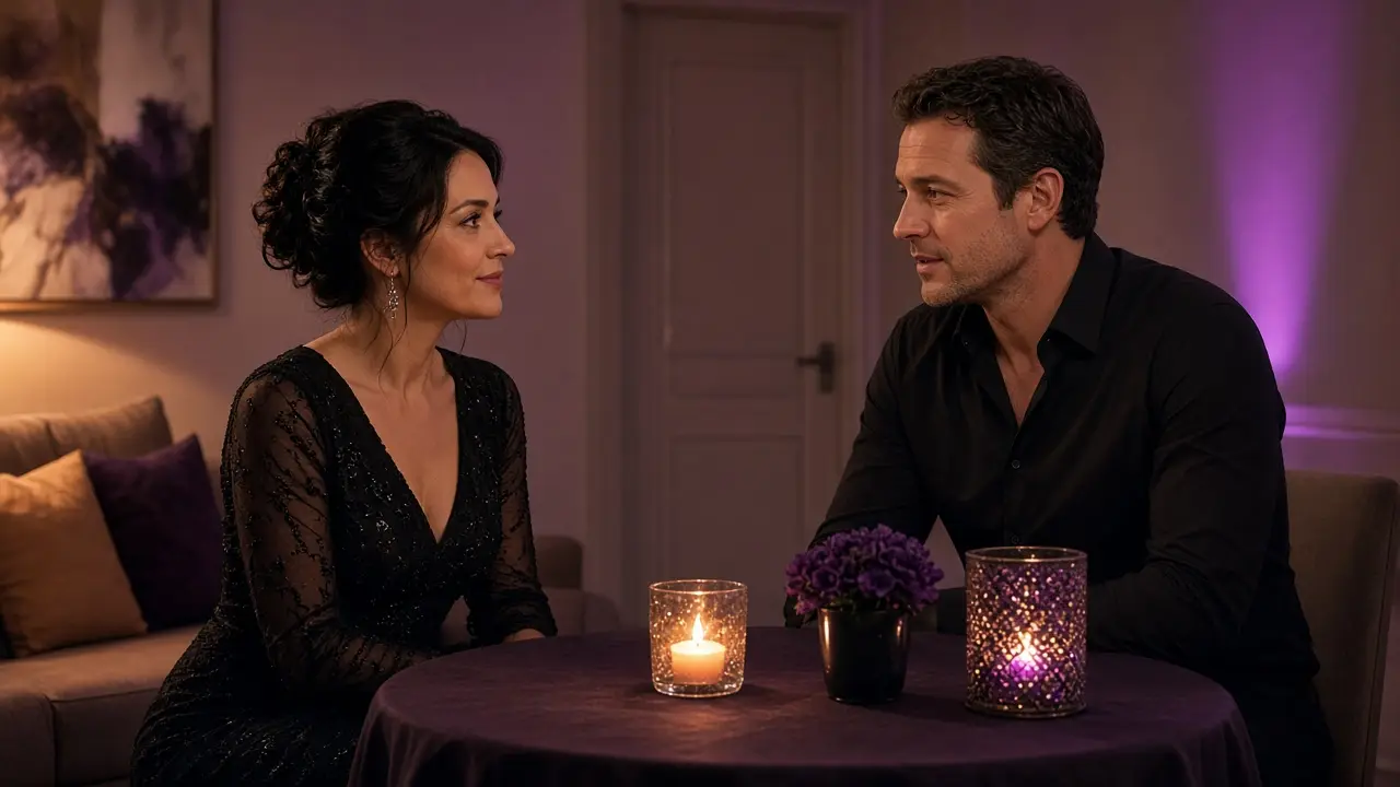 A dressed couple at a small table in a private room, warm candlelight, talking before the night.