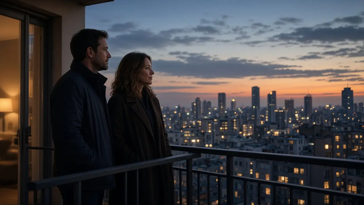 A dressed couple in coats on a balcony at dusk, a soft city skyline.