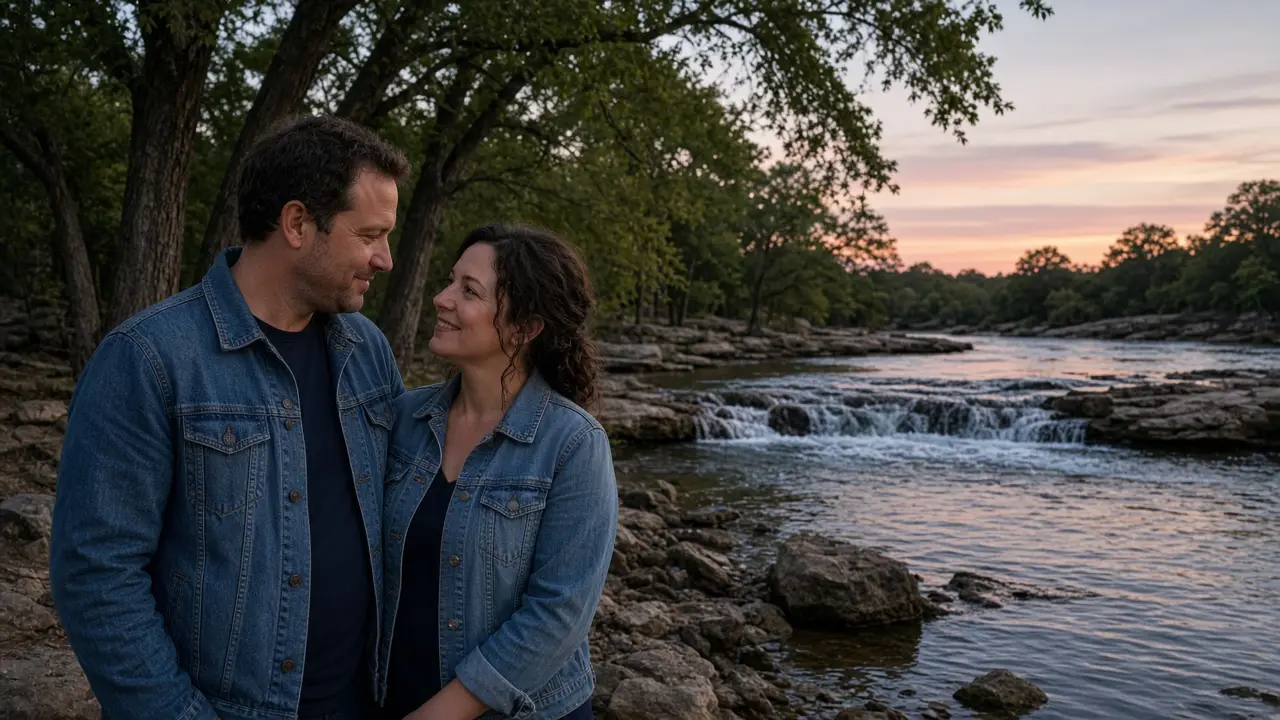 A dressed couple in denim jackets beside a low river falls at dusk, no signs.