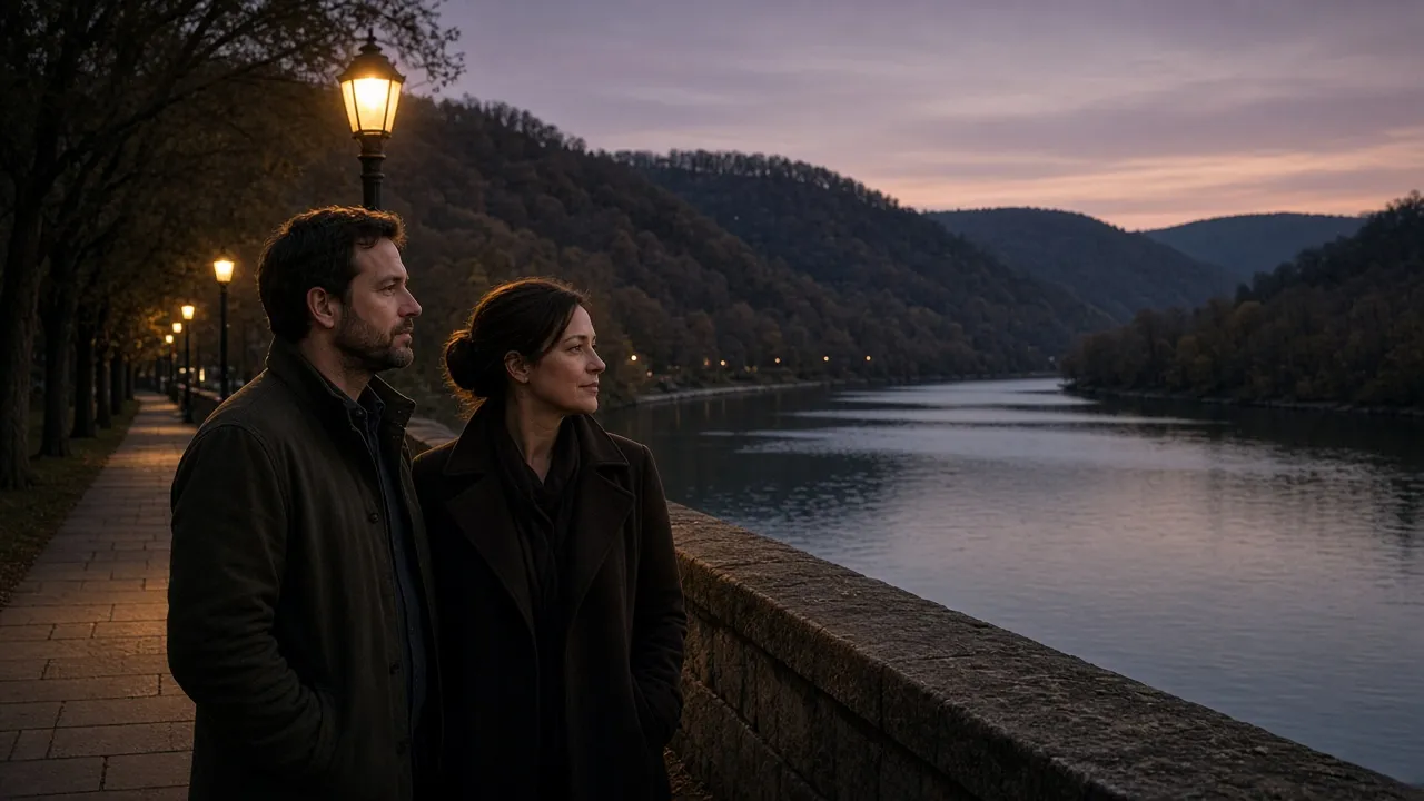 A dressed couple in jackets on a river-valley sidewalk at dusk, wooded hills behind, no signs.