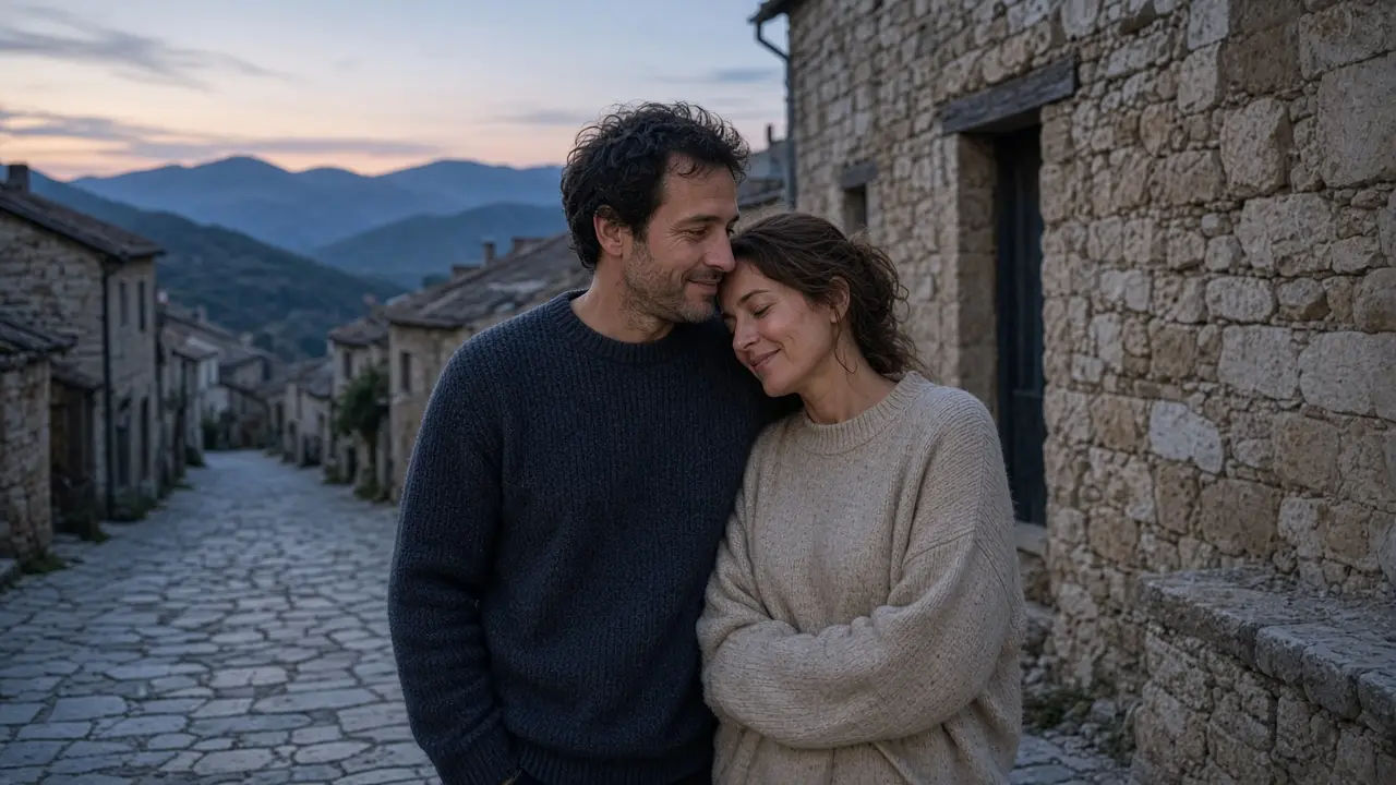 A dressed couple in sweaters on a brick pedestrian street at dusk, hills behind.