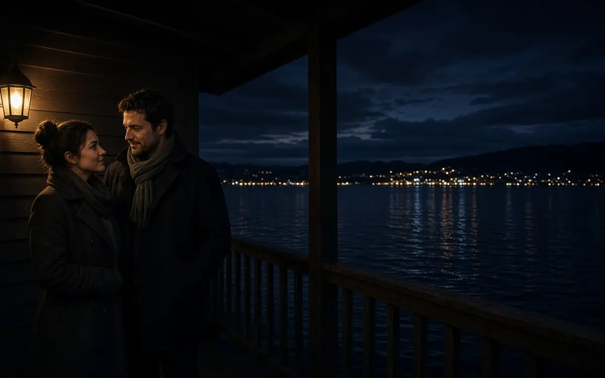A dressed couple on a porch at night, a dark lake and distant city lights.