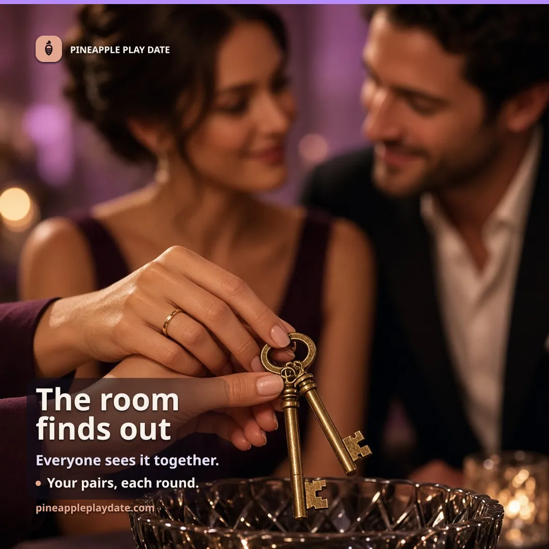 A pineapple and a single brass key on a table in a dark room, with one empty box left open for the reveal.