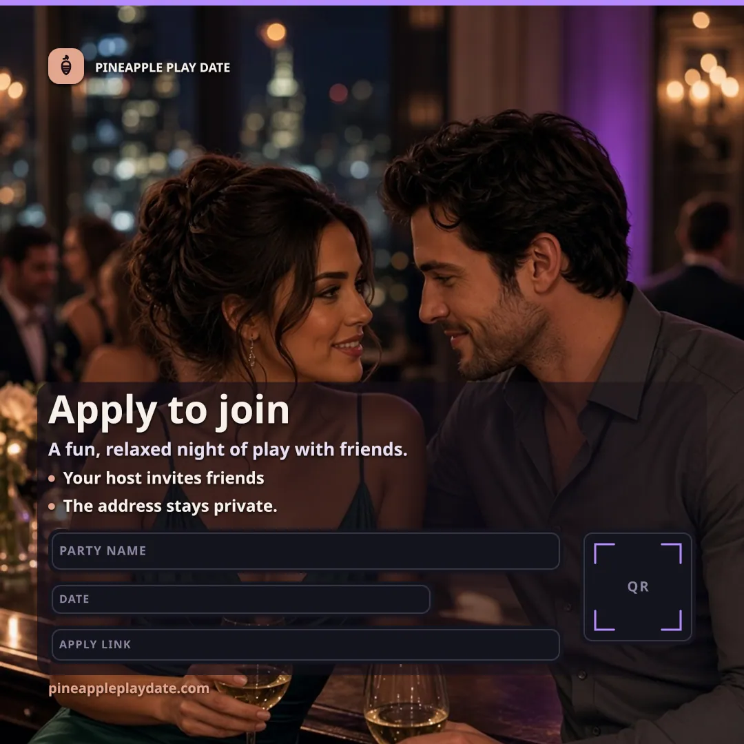 A dressed couple on a sofa in candlelight, drinks on the table, with three empty boxes left open for an apply link.