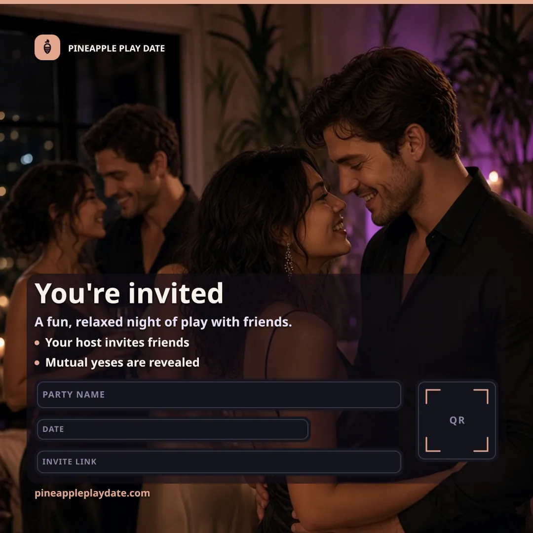 A dressed couple on a sofa in candlelight, drinks on the table, with three empty boxes left open for the party name.