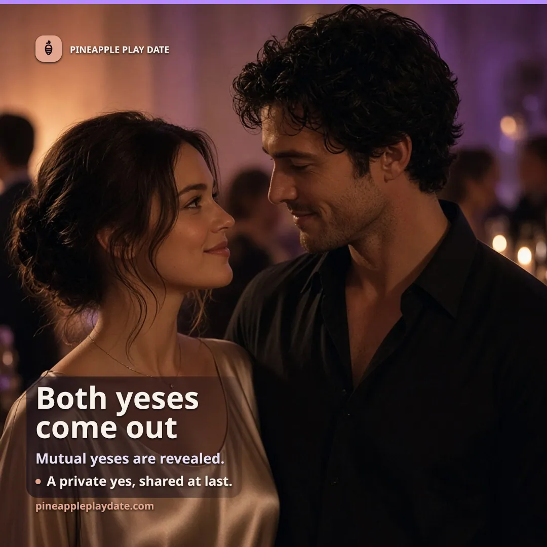 A dressed couple close together in candlelight, with one empty box left open for the reveal.