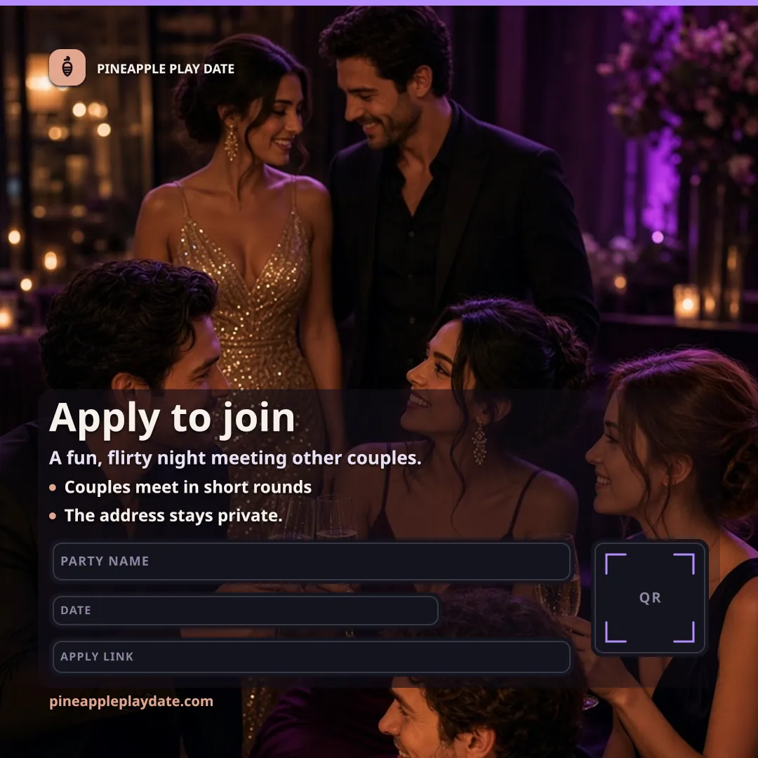 Two dressed couples at a small table in candlelight, with three empty boxes left open for an apply link.