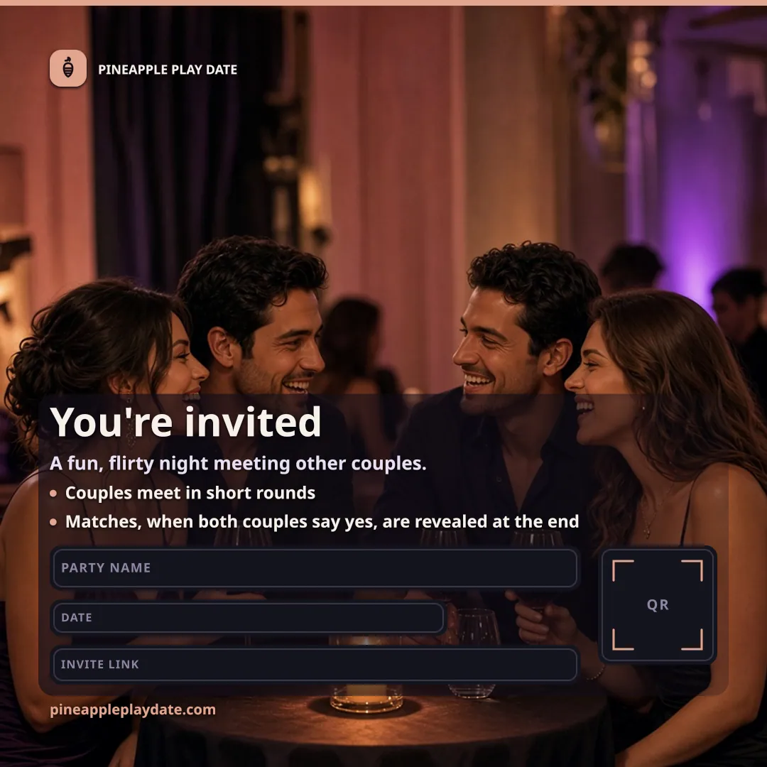 Two dressed couples at a small table in candlelight, with three empty boxes left open for the party name.