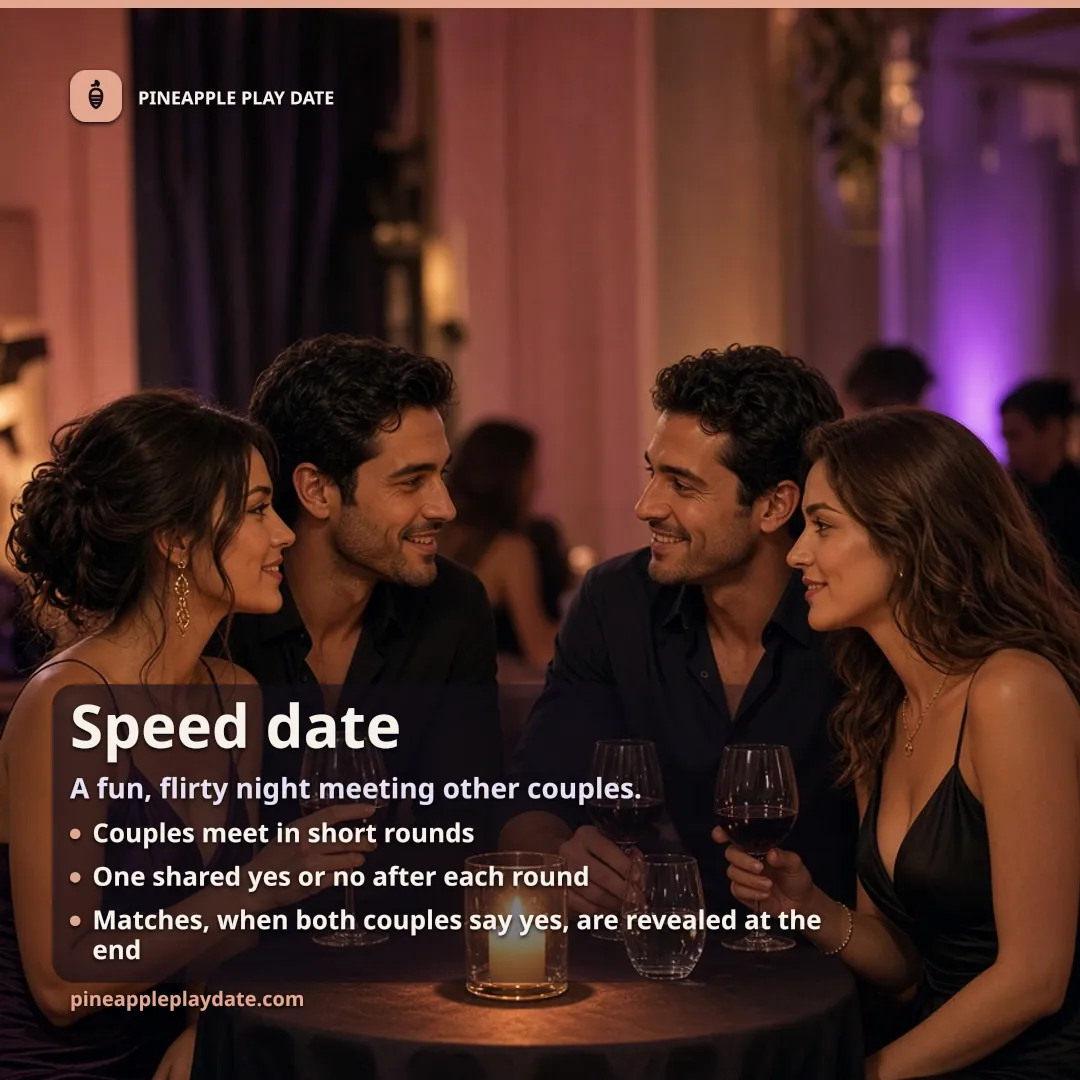 Two dressed couples seated across a small table in candlelight, with one empty box left open for the date.