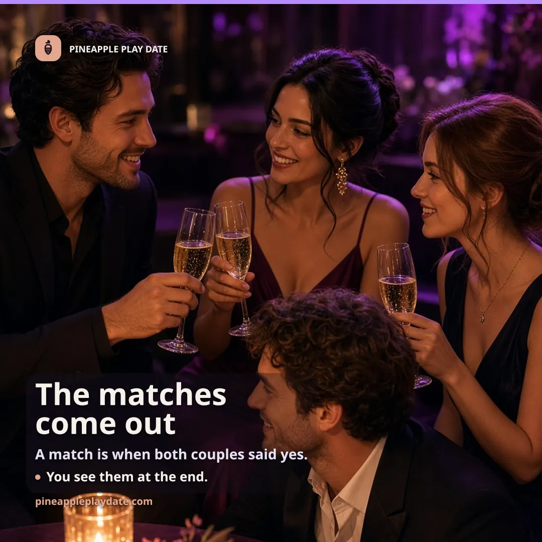 Two dressed couples toasting with champagne in candlelight, with one empty box left open for the reveal.